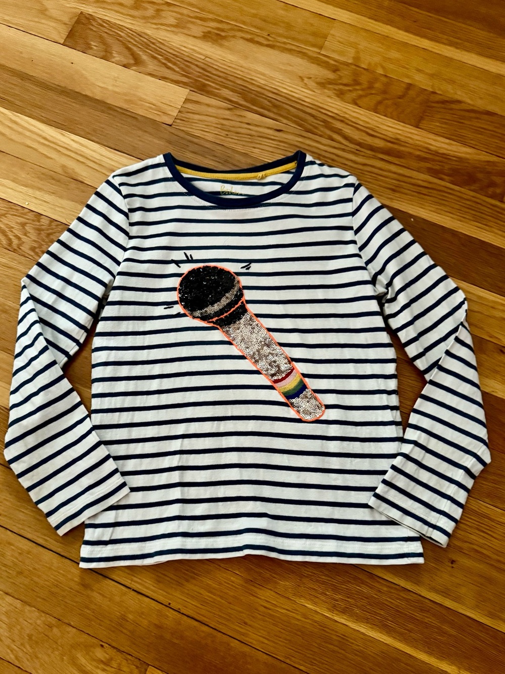 Boden 7-8Y GN Navy/White Stripe Long Sleeve T-Shirt w/Sequined Microphone